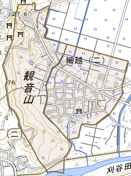 細越とその周辺の地図。町の範囲を重ねている