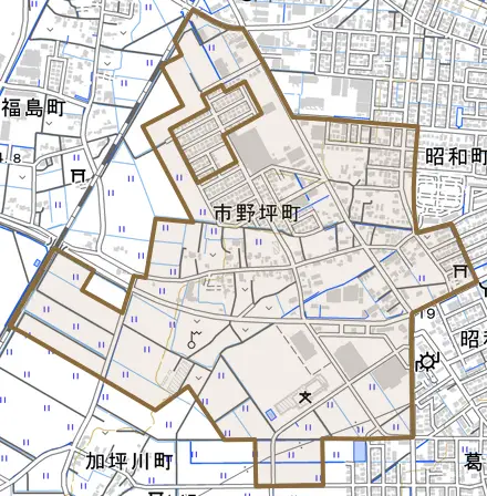 市野坪町とその周辺の地図。町の範囲を重ねている