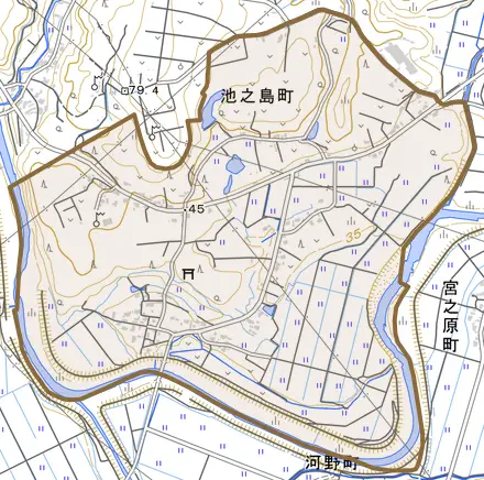 池之島町とその周辺の地図。町の範囲を重ねている