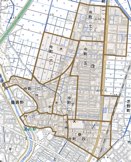 今町とその周辺の地図。町の範囲を重ねている