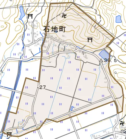 石地町とその周辺の地図。町の範囲を重ねている
