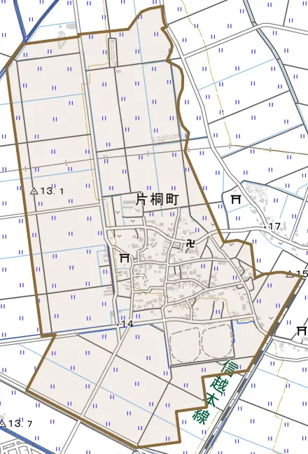片桐町とその周辺の地図。町の範囲を重ねている