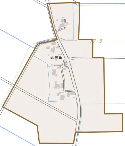 北野町とその周辺の地図。町の範囲を重ねている