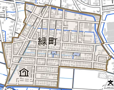 緑町とその周辺の地図。町の範囲を重ねている