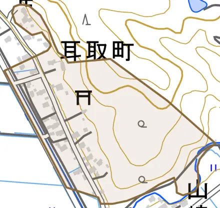 耳取町とその周辺の地図。町の範囲を重ねている