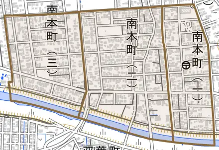 南本町とその周辺の地図。町の範囲を重ねている