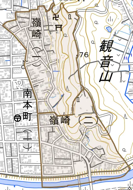 嶺崎とその周辺の地図。町の範囲を重ねている