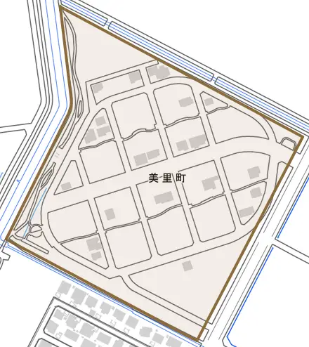美里町とその周辺の地図。町の範囲を重ねている