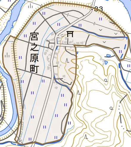 宮之原町とその周辺の地図。町の範囲を重ねている