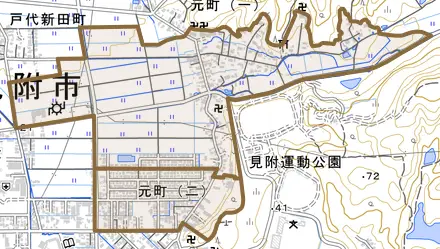 元町とその周辺の地図。町の範囲を重ねている