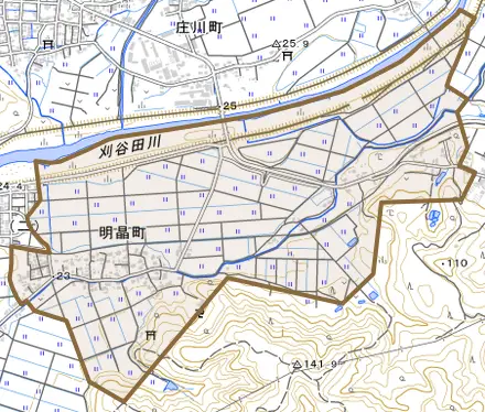 明晶町とその周辺の地図。町の範囲を重ねている