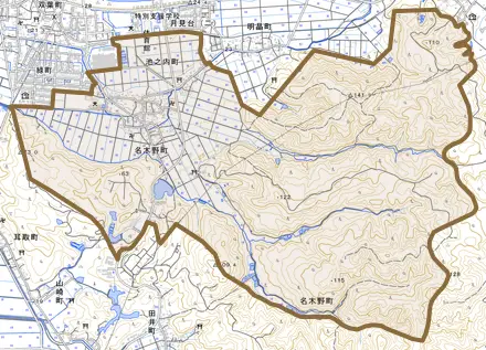 名木野町とその周辺の地図。町の範囲を重ねている