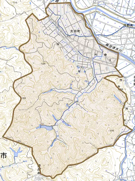 太田町とその周辺の地図。町の範囲を重ねている