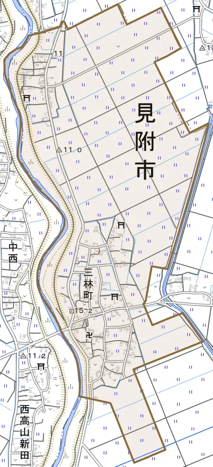 三林町とその周辺の地図。町の範囲を重ねている