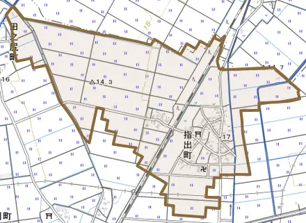 指出町とその周辺の地図。町の範囲を重ねている
