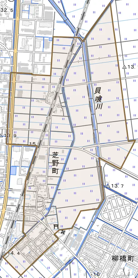 芝野町とその周辺の地図。町の範囲を重ねている