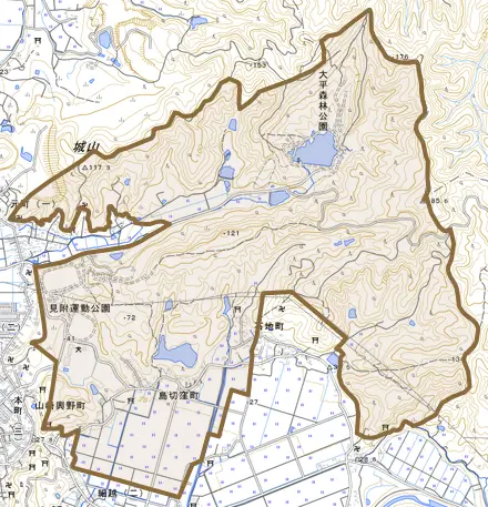 島切窪町とその周辺の地図。町の範囲を重ねている