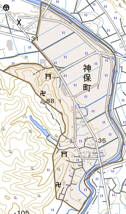 神保町とその周辺の地図。町の範囲を重ねている