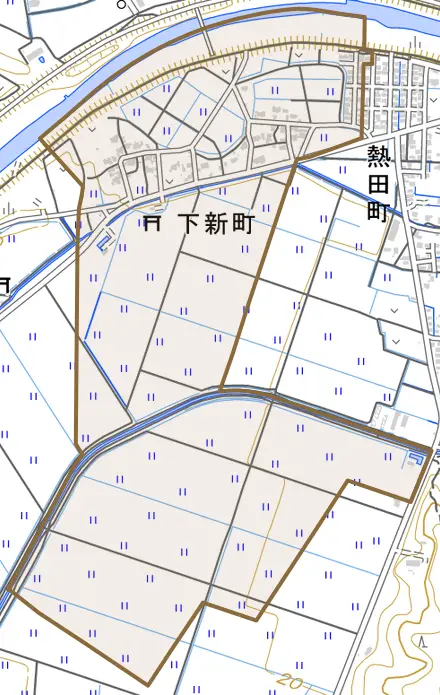 下新町とその周辺の地図。町の範囲を重ねている