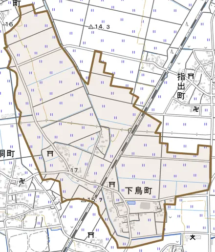 下鳥町とその周辺の地図。町の範囲を重ねている