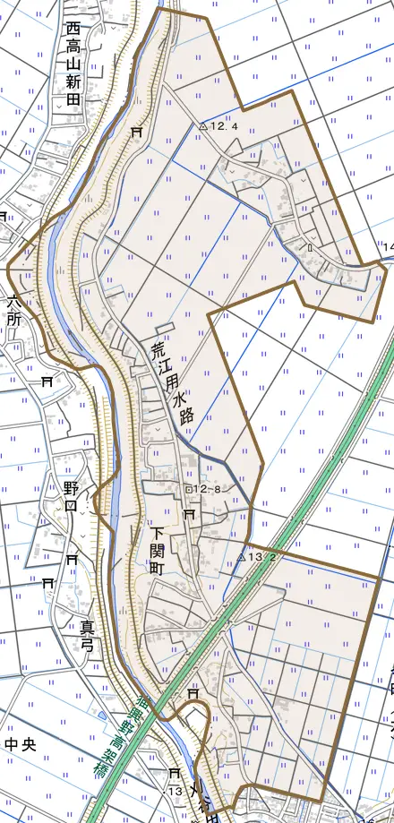 下関町とその周辺の地図。町の範囲を重ねている