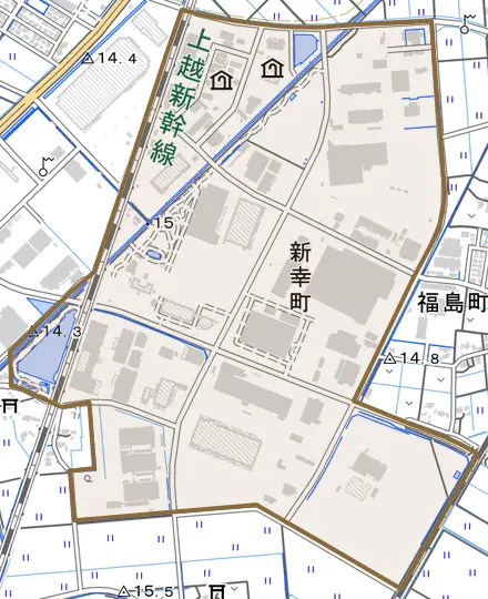 新幸町とその周辺の地図。町の範囲を重ねている