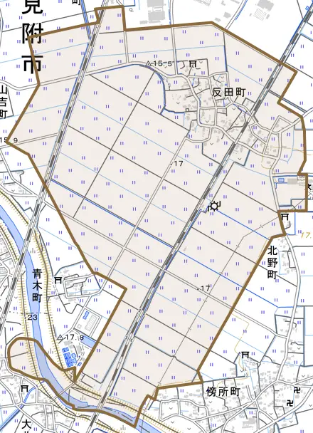 反田町とその周辺の地図。町の範囲を重ねている