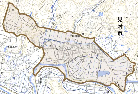 杉澤町とその周辺の地図。町の範囲を重ねている