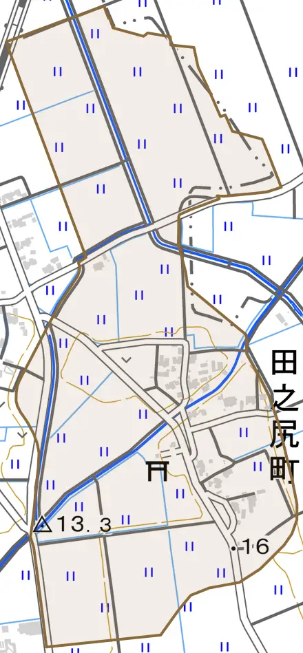 田之尻町とその周辺の地図。町の範囲を重ねている