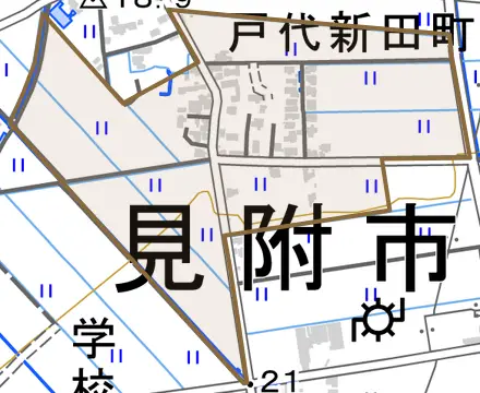戸代新田町とその周辺の地図。町の範囲を重ねている