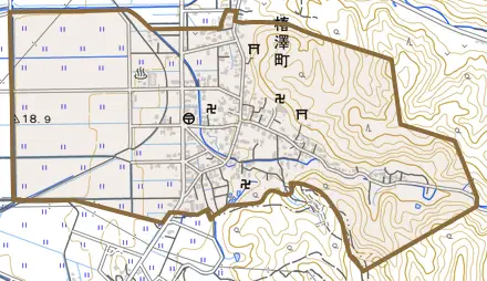椿澤町とその周辺の地図。町の範囲を重ねている
