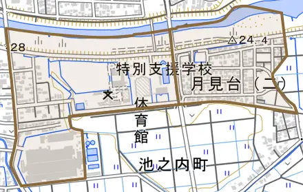 月見台とその周辺の地図。町の範囲を重ねている