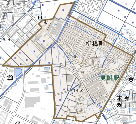 柳橋町とその周辺の地図。町の範囲を重ねている