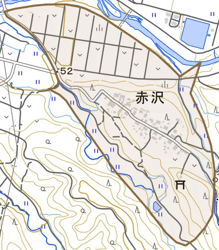 赤沢とその周辺の地図。町の範囲を重ねている