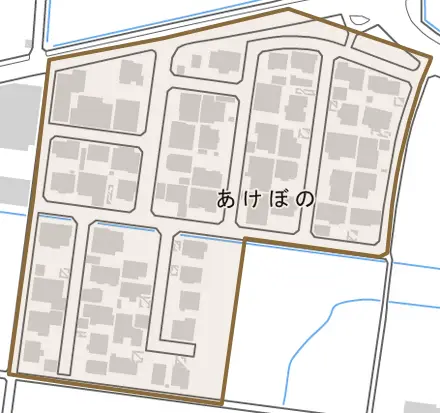 あけぼのとその周辺の地図。町の範囲を重ねている