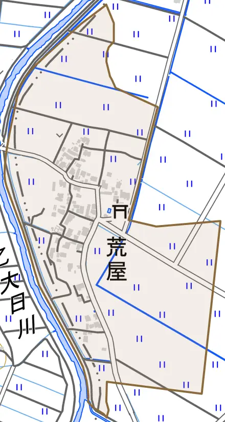荒屋とその周辺の地図。町の範囲を重ねている