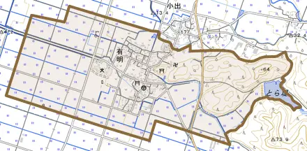 有明とその周辺の地図。町の範囲を重ねている