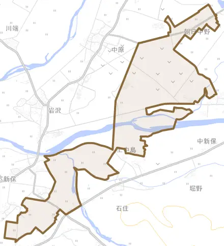 朝日中野とその周辺の地図。町の範囲を重ねている