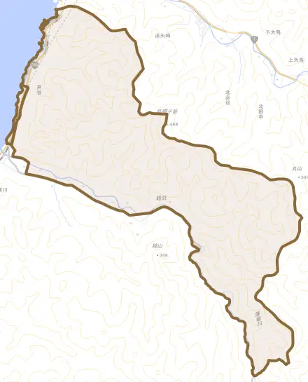 芦谷とその周辺の地図。町の範囲を重ねている