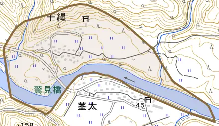 千縄とその周辺の地図。町の範囲を重ねている