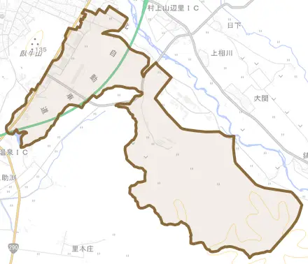 仲間町とその周辺の地図。町の範囲を重ねている