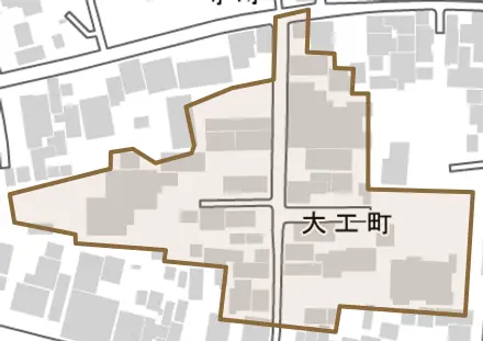 大工町とその周辺の地図。町の範囲を重ねている