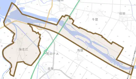 海老江とその周辺の地図。町の範囲を重ねている
