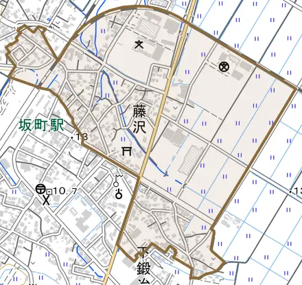 藤沢とその周辺の地図。町の範囲を重ねている