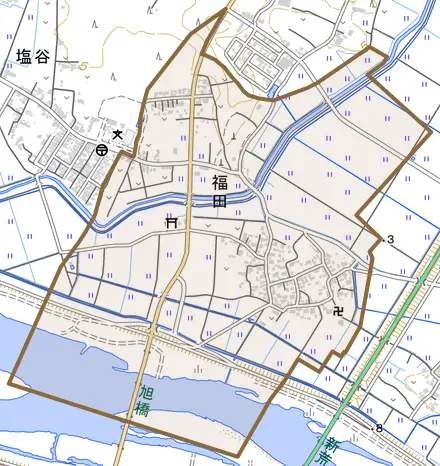 福田とその周辺の地図。町の範囲を重ねている