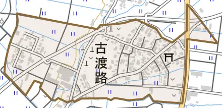 古渡路とその周辺の地図。町の範囲を重ねている