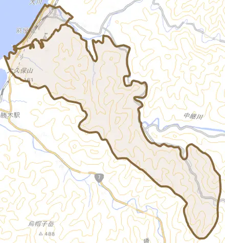 府屋とその周辺の地図。町の範囲を重ねている