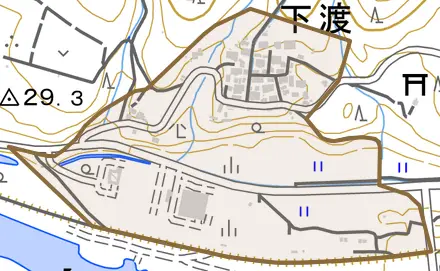 下渡とその周辺の地図。町の範囲を重ねている