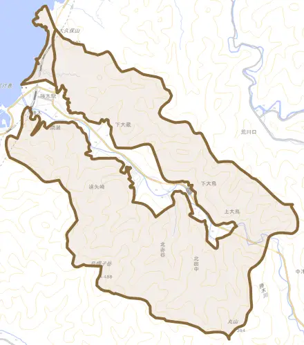 碁石とその周辺の地図。町の範囲を重ねている