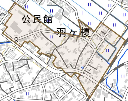 羽ヶ榎とその周辺の地図。町の範囲を重ねている